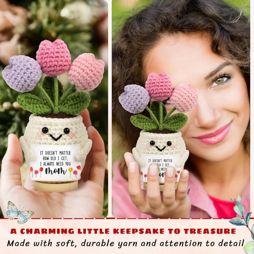 Gifts for Mom from Daughter Son - Cute Christmas, Mothers Day, Birthday Gifts for Moms - 5.51'' x 4.13'' Knitted Positive Tulip Flowers Mom Crochet Doll