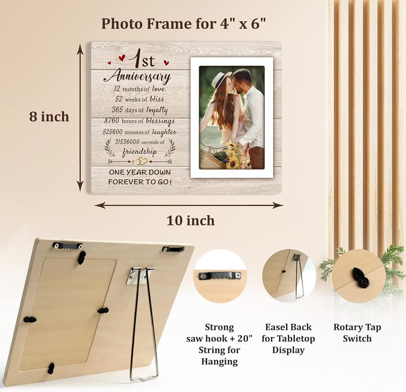 1st Anniversary Paper Gifts for Him Her - One Year Romantic Wedding Picture Frame Fit 4x6 Photos for Boyfriend Girlfriend, 1 Year Anniversary Valentines Gifts for Husband Wife Couple
