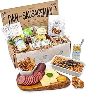 Dan the Sausageman Grizzly 12 Item Meat and Cheese Gift Basket with Summer Sausage, Assorted Cheeses & Crackers - Gourmet Snacks for Gifting