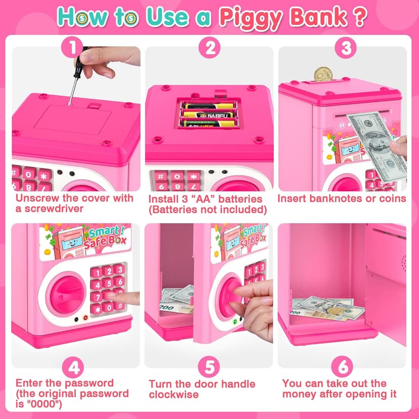 Pink Piggy Bank for Kids with Password Code Lock and Auto Grab Bill Slot, PhilaeEC Real Money Cash Coin Can Saving Box Electronic Money Safe Bank, Hot Gift for 4 7 8 9 10 11 Year Old Boys Girls