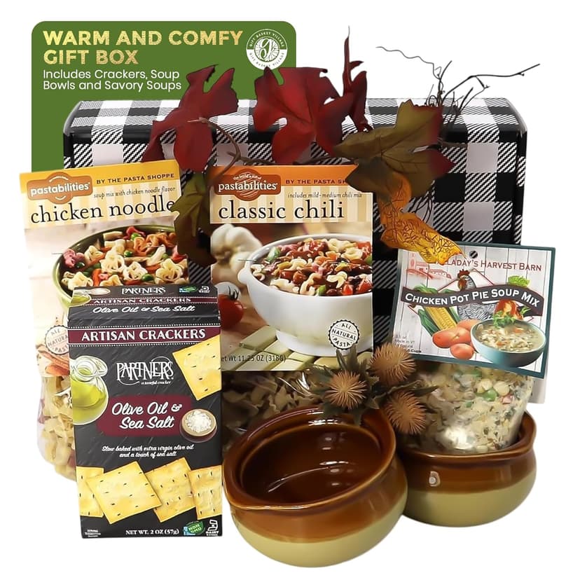 Gift Basket Village Soup Gift Basket – Dried Soup Mixes Variety, Instant Soup Packets, Crackers & Bowls, Soup Gift Baskets for Adults, Comfort Food Box for Cold & Warm Season - Medium