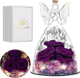 Christmas Rose Gifts for Women Preserved Real Flower in Glass Angel Figurines Roses for Delivery Prime Birthday Gifts for Mom Grandma Girlfriend Wife Her - Purple