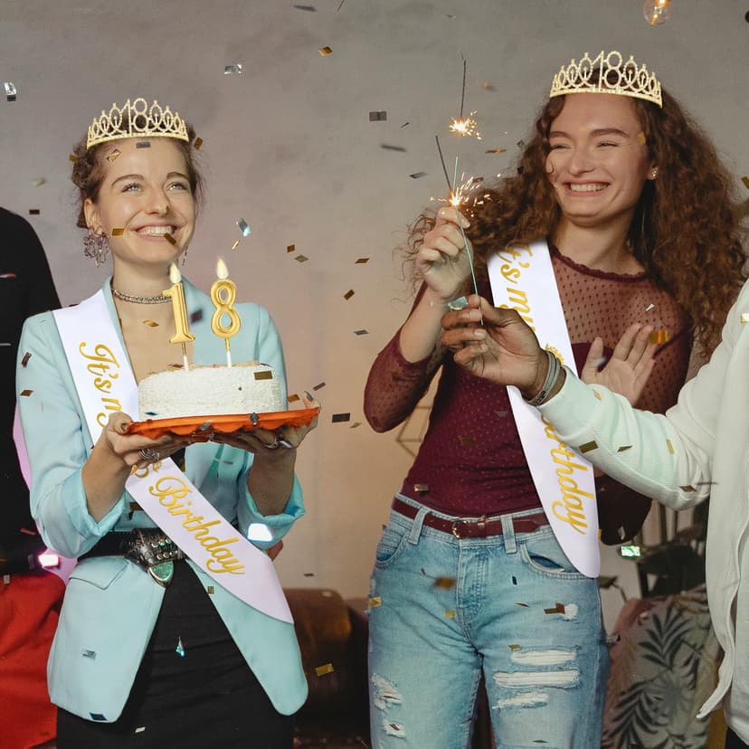 18th Birthday Decorations for Girls with 18th Birthday Sash White and Tiara Gold, Number Candles Gold, 18 Year Old Girl Gifts