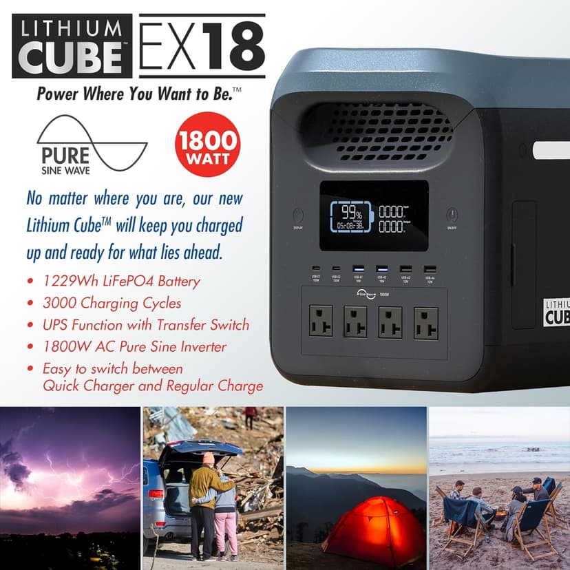 Wagan EL8840 Portable Power Station EX18 Lithium Cube Solar Generator 1229Wh LiFePO4 Battery Fast Charge 1800W 3000W peak AC 100W USB-C for Home Backup, Power Outages, Outdoor Camping, Off-grid