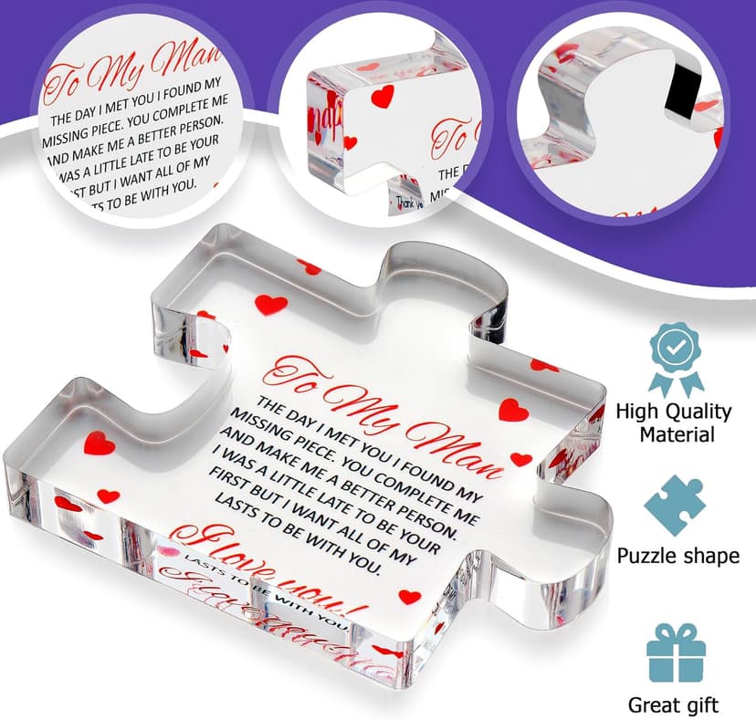 to My Man - Engraved Acrylic Block Puzzle 4.1 x 3.5 inch Gifts for Him for Husband - Fiance Birthday Gifts, Valentines Day Gift for Boyfriend - Cool Wedding Couple