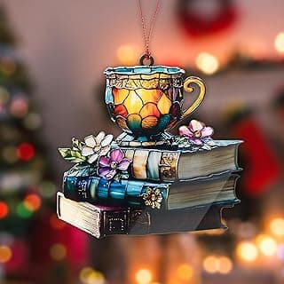 Book Ornament, Tea Books Floral Acrylic Suncatcher, Book Lover Gifts for Women, Christmas Ornaments for Tree, Gift for Readers Friends Coworker, Hanging Literary Decor, Holiday Ornaments