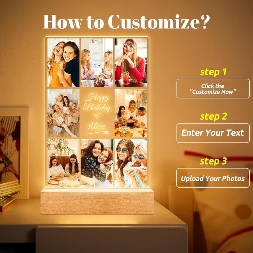 Custom Picture Frames with Photos, Personalized Photo Frame with Night Light, Customized Picture Frame, Personalized Christmas Birthday Gifts for Women, Men, Her, Him, Best Friends, Wife, Family