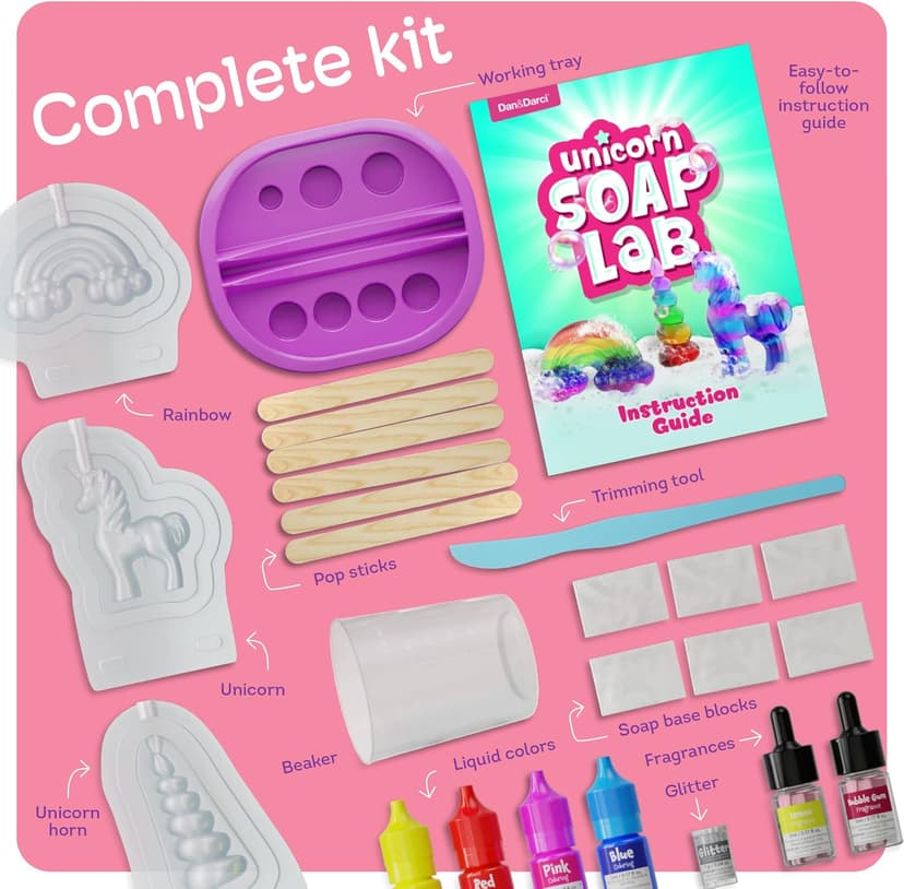 Dan&Darci Unicorn Soap Making Kit - Girls Crafts DIY Project Age 6+ Year Old Kids - Unicorn Girl Gifts - Science STEM Activity Teenage Gift - Make Your Own Soap Kits - Craft Toys Ages 6 7 8 9 10 11 12