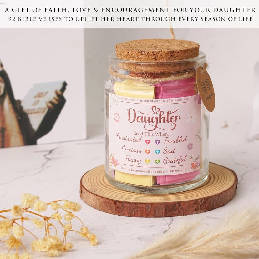 Bible Verse Jar for Daughter – 92 Encouraging Scriptures by Emotion, Christian Gift from Mom or Dad, Inspirational Jar for Teen Girls & Adult Daughter