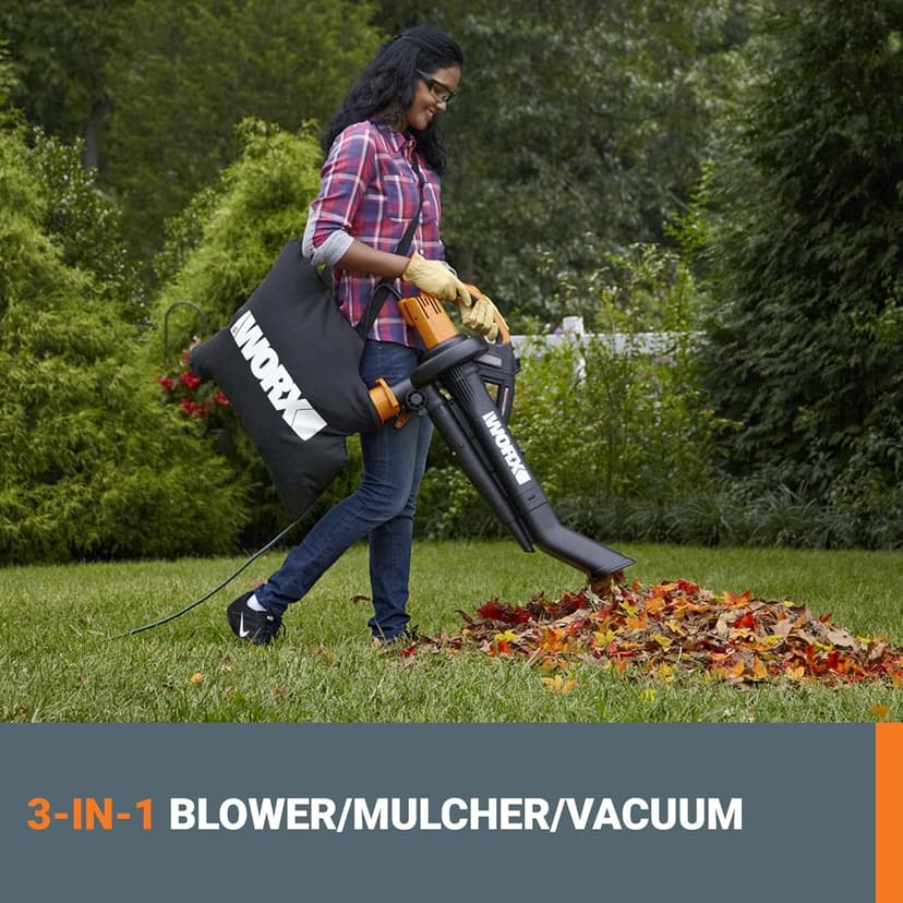 WORX Trivac 3-in-1 Electric Leaf Blower for Lawn Care, Leaf Mulcher/Leaf Vacuum with Bag, 350 CFM & 210 MPH, Leaf Shredder with Metal Impeller, Reusable Bag Included, Corded, WG505.2