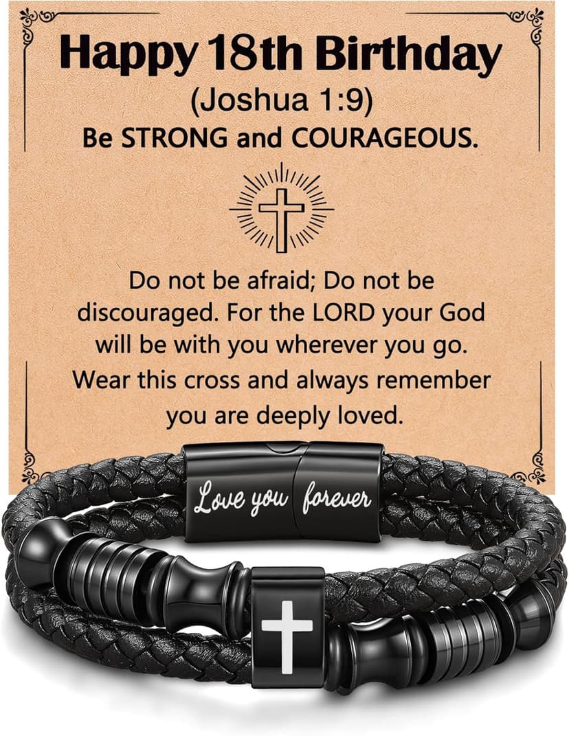 UNGENT THEM Joshua 1:9 Encouraging Christian Birthday Gifts for Boys Teens Men, Bible Verse Leather Cross Bracelet