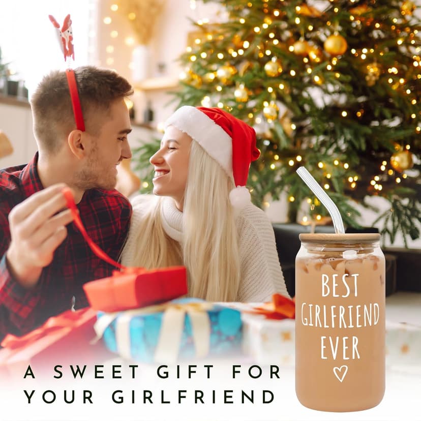 Gifts for Girlfriend - Girlfriend Gifts for Women - Anniversary, Valentines, Birthday Cup for Her - Romantic Love Glass for Her - 16 Oz Can Glass with Lid, Straw & Brush