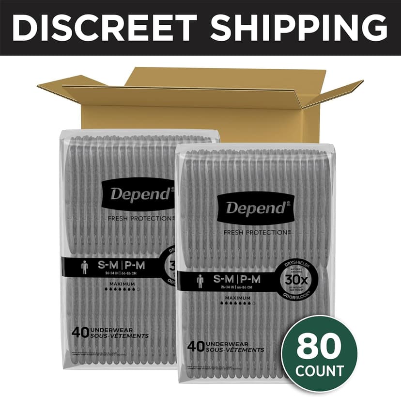 Depend Depend Fresh Protection Adult Diapers, Incontinence Underwear for Men, Disposable, Maximum, Small/Medium, Grey, 80 Count (2 Packs of 40), Packaging May Vary