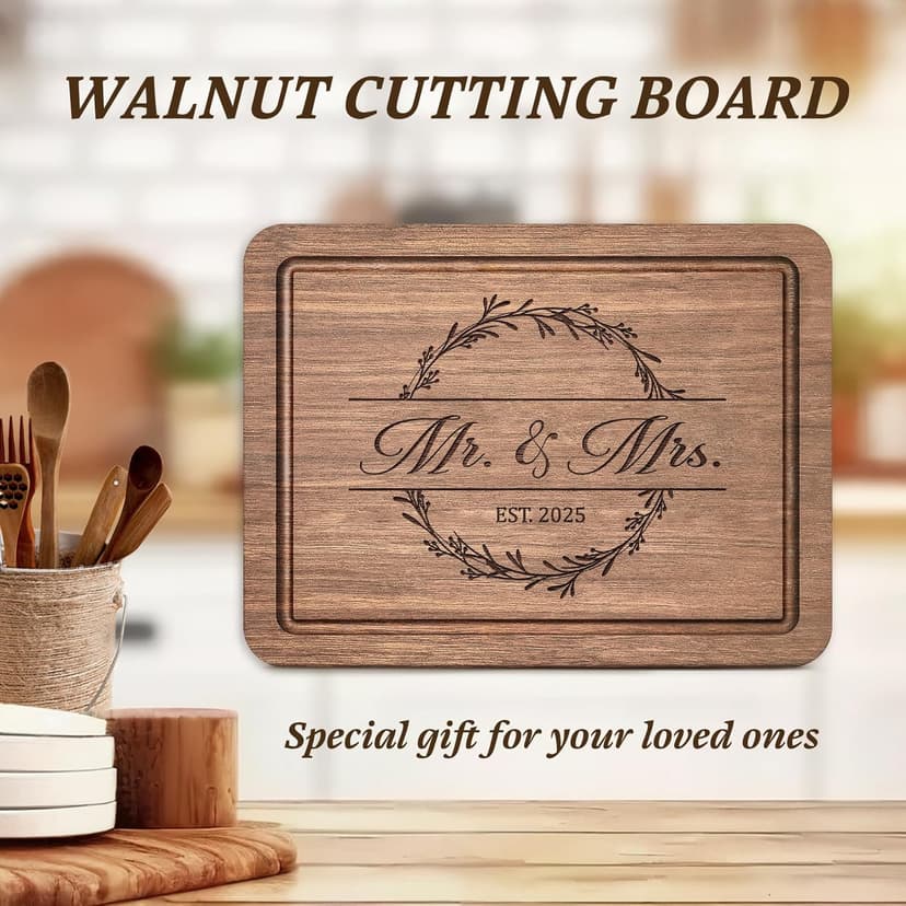 Craftique Wedding Gifts for Couples 2025, Bridal Shower Gifts- Walnut Wood Cutting Board Engraved with Mr. and Mrs. EST. 2025- Mr and Mrs/Wedding/Engagement Gift for Newlyweds Bride and Groom