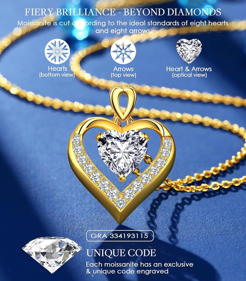 2-3 Ct Moissanite Double Heart Pendant Necklaces for Wife, 18K Gold Plated S925 Silver Jewelry for Women Girlfriend Mom Her on Anniversary Birthday