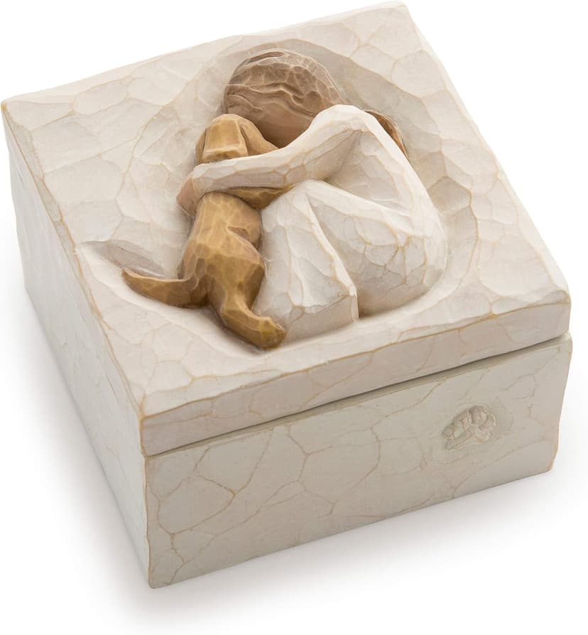 Willow Tree True, Truly a Friend, Box for Jewelry and Treasures with Bas-Relief Carving of Girl with Puppy Dog, Sculpted Hand-Painted Keepsake Box