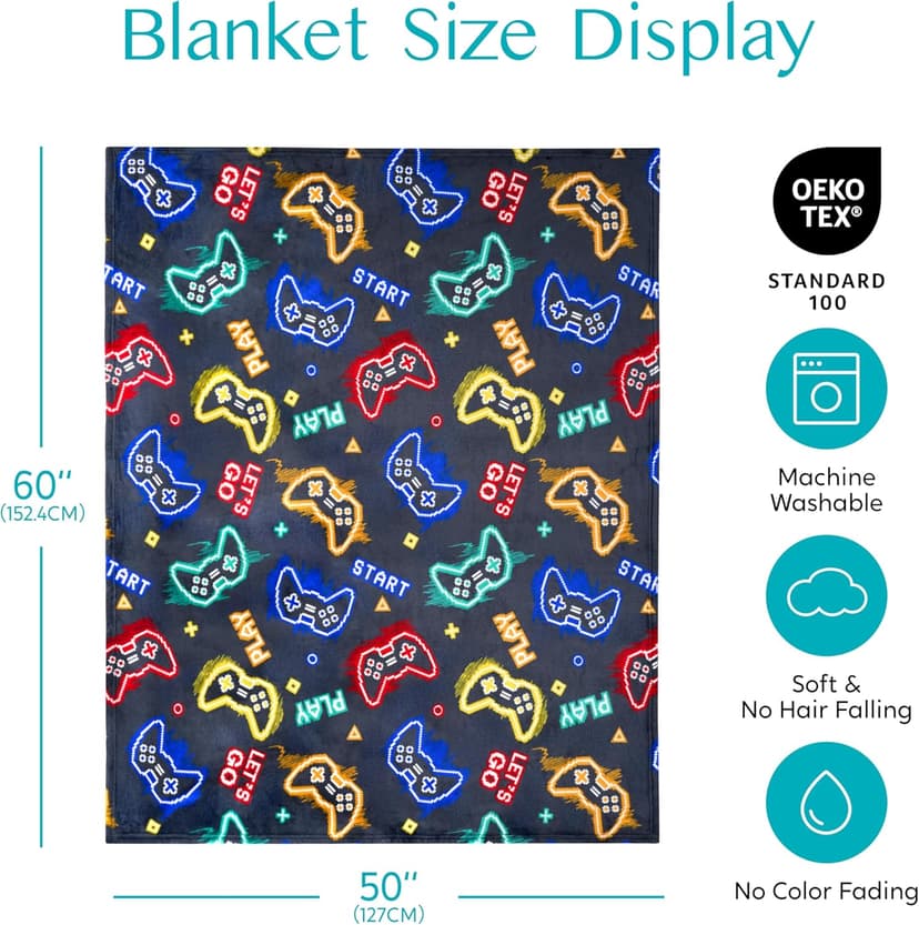 Joiedomi Glow in The Dark Gaming Blanket Gamer Gifts for Boys Age 2 3 4 5 6 7 8 9 10 11 12 Year Old, Soft Cozy Flannel Kids Throw Blanket, Birthday Bedroom Decor Grey 50"×60"