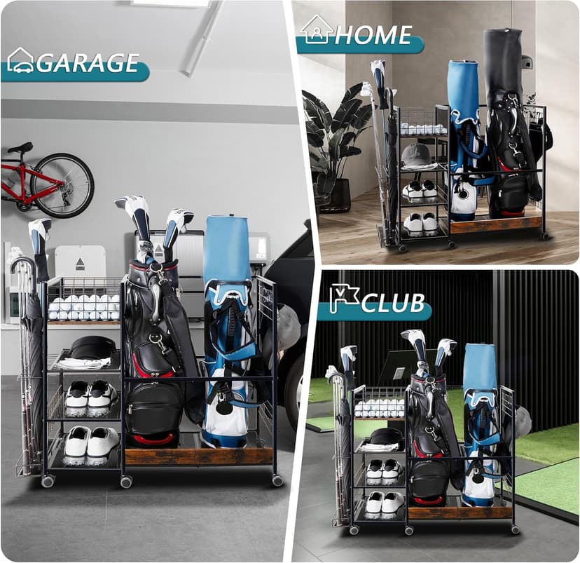Golf Bag Organizer for Garage, Golf Accessories for Men Women, Golf Bag Stand, Golf Storage Organizer with 2 Hooks, Storage Rack for 2 Golf Bags, Sports Equipment Organize, Golf Club Holder