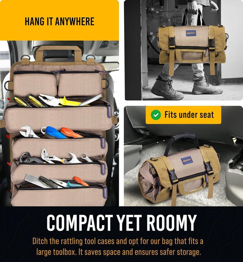 TOUGHEST Roll Up Tool Bag Organizer - 7 Pouches (3 Detachable) Compact Portable Tool Storage Box - 1680D Waterproof Small Tool Bag for Car - Gifts for Dad Mechanic Electrician