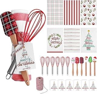 Mimorou 6 Sets Christmas Whisks Kitchen Gifts Stainless Steel Whisks Silicone Spatulas Towels Greeting Cards Rope for Neighbor Employee Baking Gift Xmas Cooking Supplies