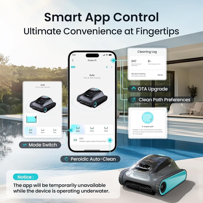 (2025 Upgrade) Aiper Scuba S1 Robotic Pool Cleaner, Wall & Waterline Cleaning, Double Filtration, Extended 180-Min Battery Life, Smart Navigation, App Support, OTA Upgrade