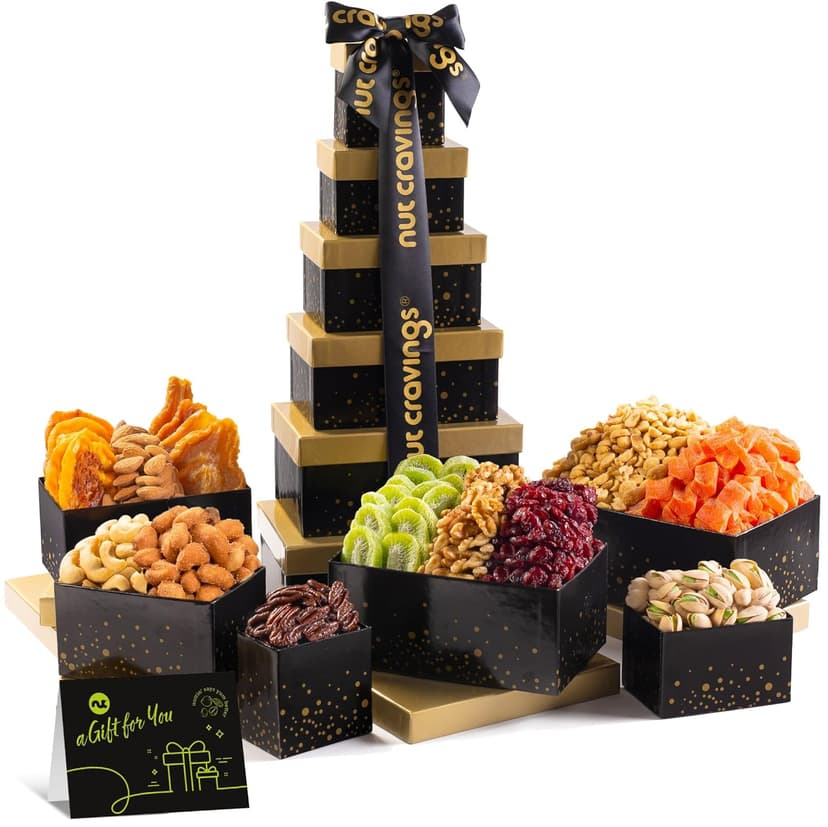 NUT CRAVINGS - Diwali Sweets Hamper Dried Fruit & Mixed Nuts Gift Basket in Black Tower + Ribbon (12 Assortments) Food Arrangement, Healthy Snack Care Package, Food Assortments