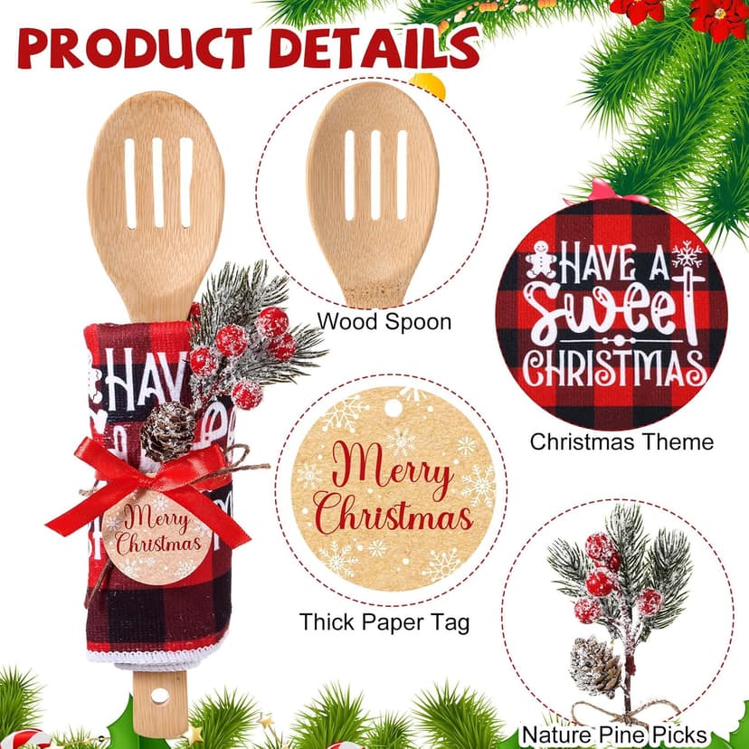 Pinkunn 8 Set Christmas Kitchen Gifts Bulk Xmas Dish Towels and Wooden Spoons Pine Picks Thank You Tag Ribbon Holiday Cooking Utensils Housewarming Gifts for Neighbor Employee Kitchen Xmas(Festive)