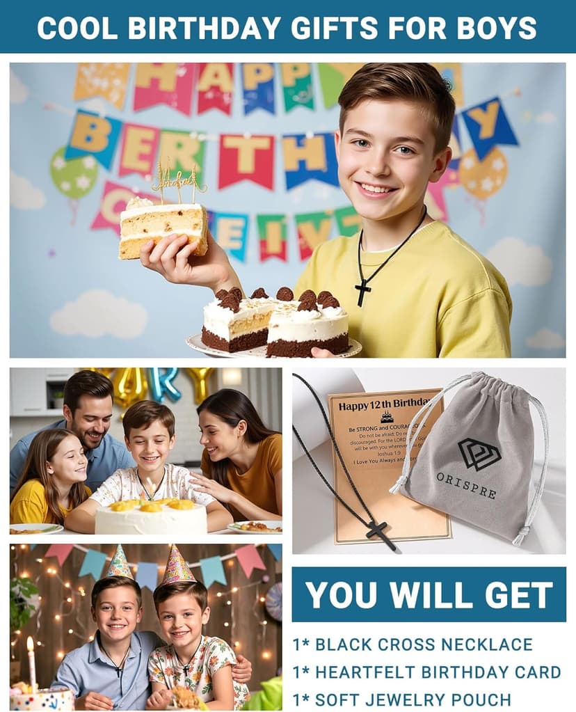 Happy Birthday Gifts for Boys 8-18 Years Old, Black Cross Necklace with Bible Verse Joshua 1:9 for Son, Grandson, Nephew, Friend