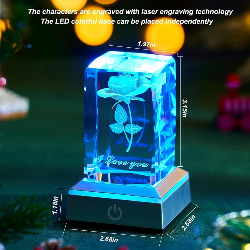 3D Rose Crystal Night Lamp with Adjustable LED Lights - I Love You, Mothers Day Gifts Ideas for Mom Valentines Day, Anniversary, Birthday Gift for Her, Wife, Girlfriend