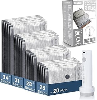 20 Pack Travel Vacuum Storage Bags with Rechargeable Electric Pump, Compression Packing Seal Bag for Luggage and Suitcase, 5 Small + 5 Medium + 5 Large + 5 Jumbo Space Saver Bags for Clothing Travel