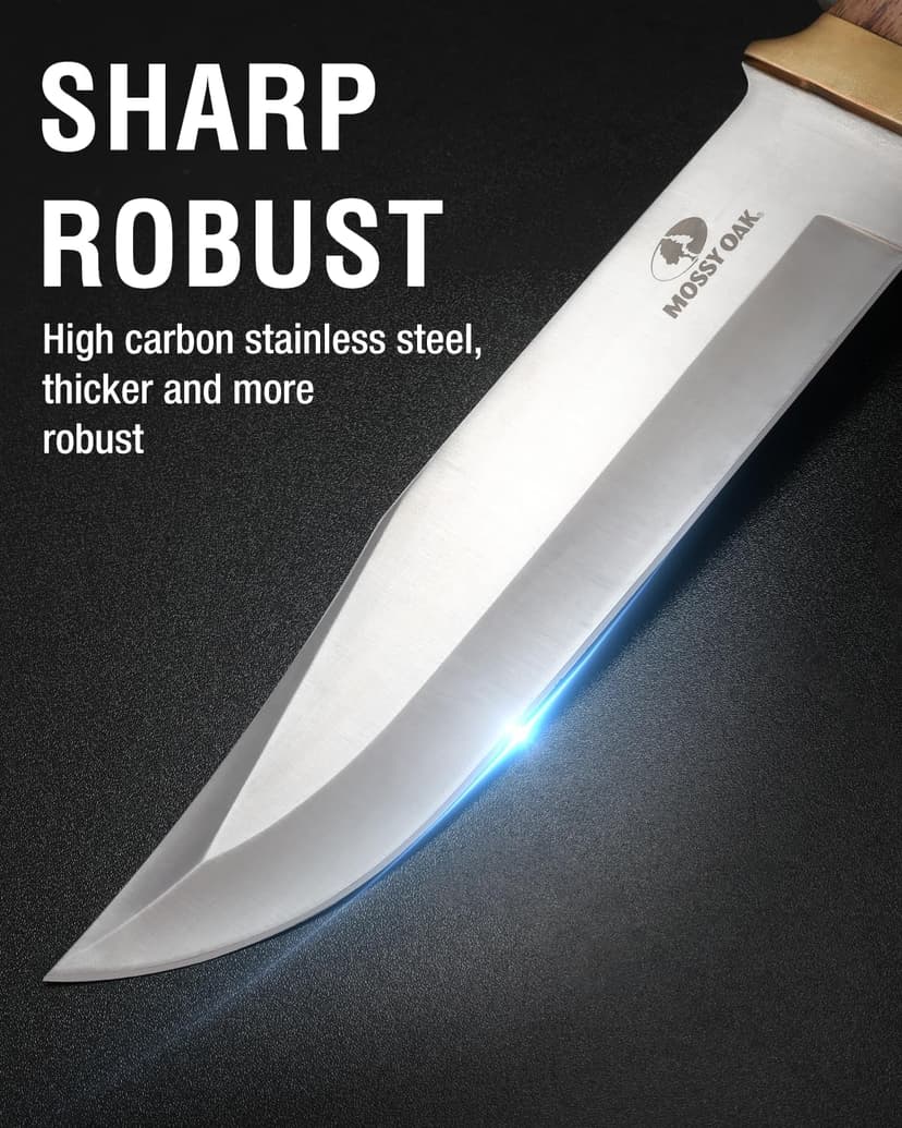 Mossy Oak 14-inch Bowie Knife, Full-tang Fixed Blade, Wood Handle Hunting Knife with Leather Sheath for Camping, Hiking, Survival