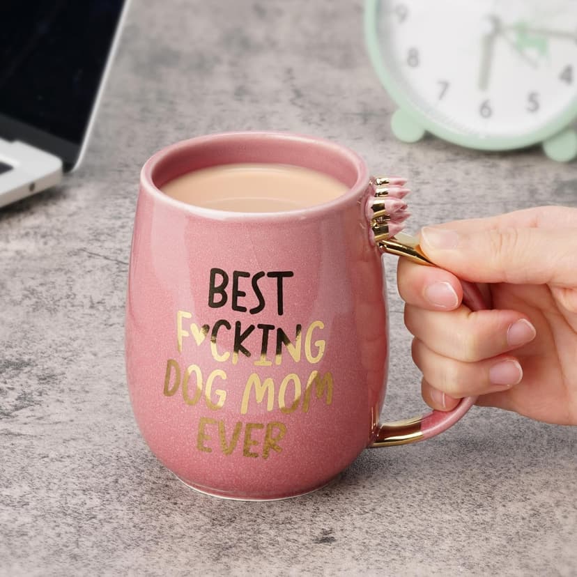 Hendson Dog Mom Gifts - Best Dog Mom Ever - Funny Birthday Gift For Dog Lovers Women - Gag Gifts for New Puppy Fur Baby Owners - Fur Mama Presents, Pitpull Pug - Coffee Cup, 13oz Pink Amethyst Series