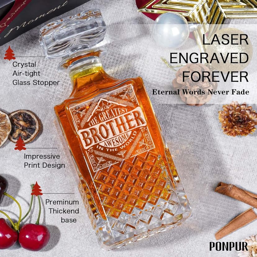PONPUR Gifts for Brother, Whiskey Decanter Set with 2 Whisky Glasses, Unique Cool Stocking Stuffers Birthday Gift for Brothers from Sister, Best Christmas Presents for Men