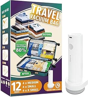 Travel Vacuum Storage Bags with Portable Electric Pump, 12 Pack Travel Vacuum Bags for Clothes, Vacuum Seal Compression Bags for Luggage and Suitcase