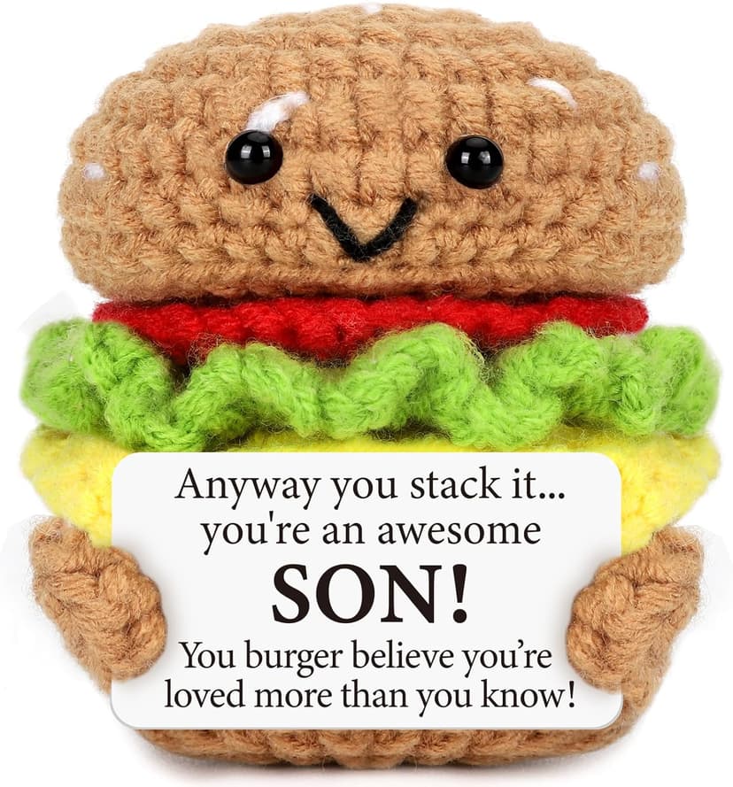 Mini Birthday Gift for Son from Dad Mom Handmade Crochet Burger for New Dad Son-in-Law Adult Sons New Father Christmas Basket Idea from Parents to Sons from Mother Father