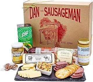 Dan the Sausageman Juneau Gourmet 8 items Gift Basket - Original Summer Sausage, Wisconsin Cheese, Mustard, Craker, Olives, Nuts and Candy | Gift Snack Box