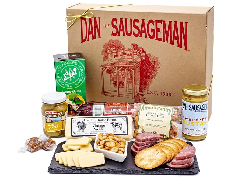 Dan the Sausageman Juneau Gourmet 8 items Gift Basket - Original Summer Sausage, Wisconsin Cheese, Mustard, Craker, Olives, Nuts and Candy | Gift Snack Box