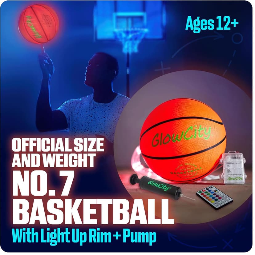 GlowCity Glow in The Dark Basketball - Sizes 5, 6, 7 Light Up Ball for Kids, Teens & Adults - Red Glow for Outdoor Games - Sports Birthday Gifts Ideas for Boys Ages 6 7 8 9 10 11 12 13 14