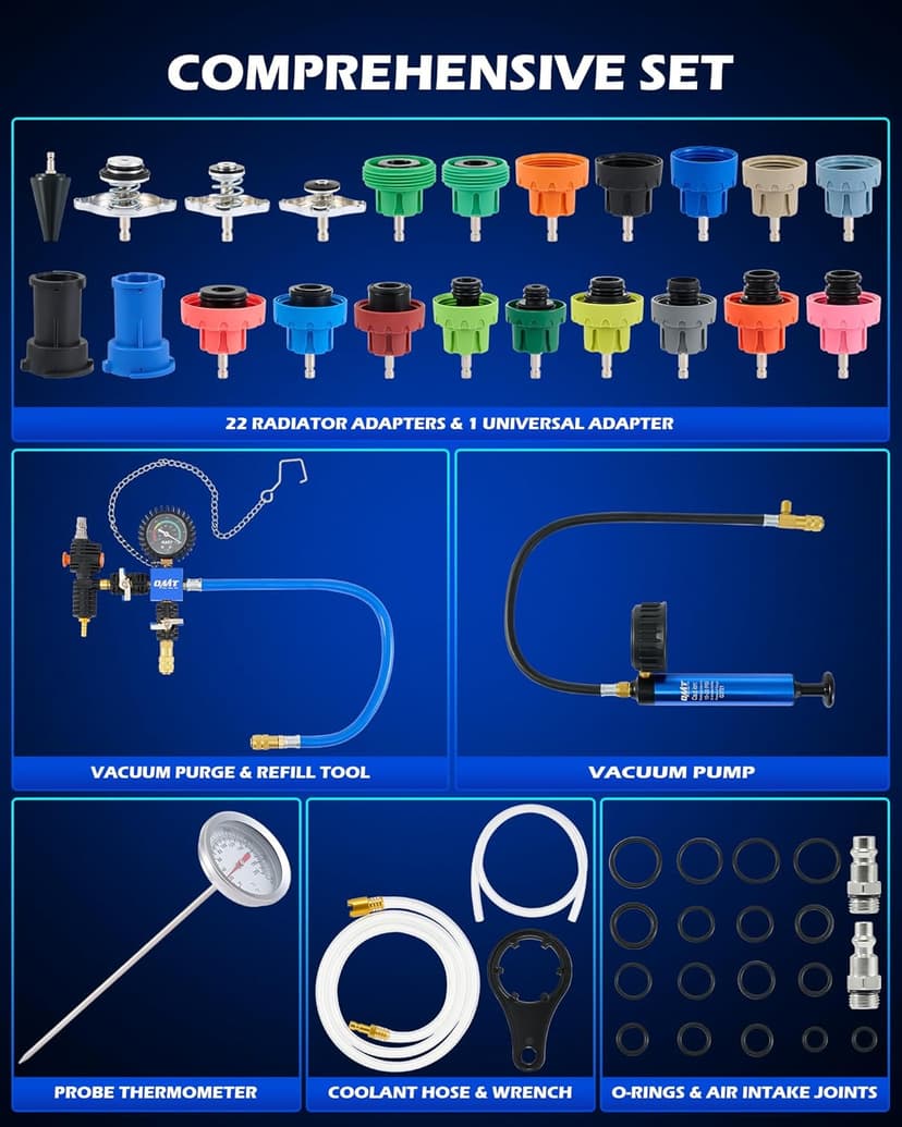 Orion Motor Tech Coolant Pressure Tester Kit, 31pc Master Coolant Vacuum Refill Kit with 23 Radiator Adapters, Radiator Cooling System Pressure Tester Kit with Vacuum Pump Vacuum Purge & Refill Tool
