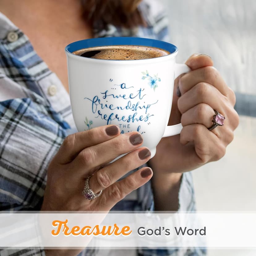 Christian Art Gifts Blue Floral Ceramic Coffee Mug – 14 oz. Microwave and Dishwasher-safe Inspirational Scripture Coffee and Tea Mug for Friends with Bible Verse: A Sweet Friendship – Proverbs 27:9