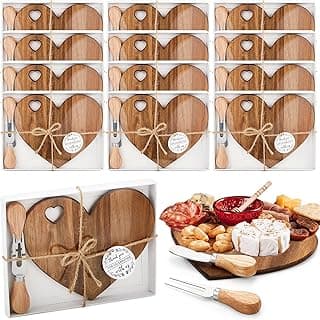 Patelai 12 Set Bridal Shower Favor Heart Cheese Board Cheese Knives Wood Mini Charcuterie Board Thank You Gift Box for Guest Bridal Baby Shower Prize Wedding Birthday Valentines (Acacia Color)