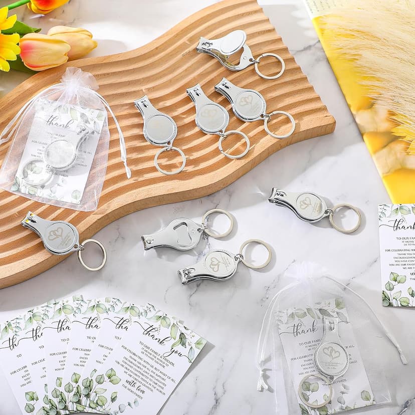 Fulmoon Wedding Multi Function Bottle Opener Nail Clipper Wedding Favors Brewery Cards White Organza Bags for Party Supplies Gift Souvenir Guests Men Women(50 Sets)