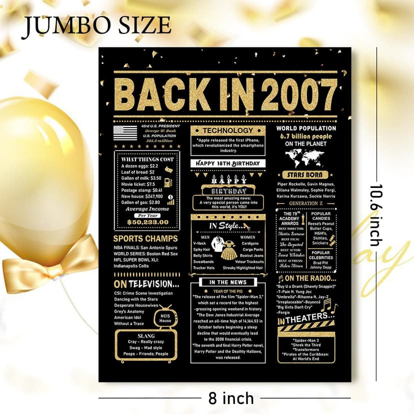 18th Birthday Card, 18th Birthday Decorations for Girls Boys, 18th Birthday Gifts for Son Daughter, Back in 2007 Birthday Card, Black Gold