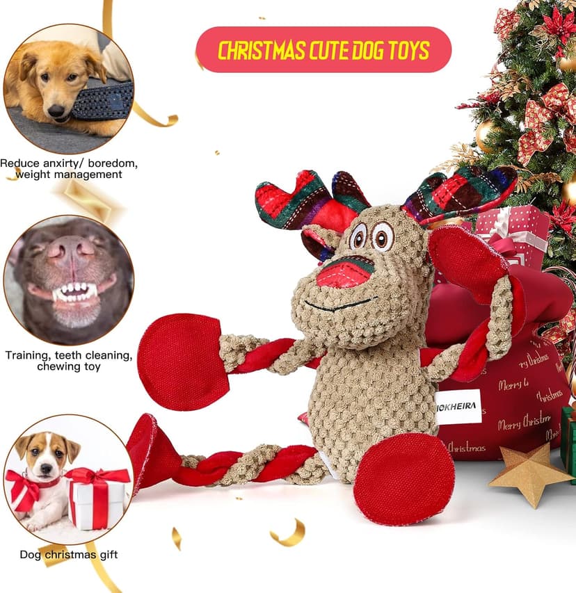 IOKHEIRA Christmas Dog Toys for Large Medium Small Breeds Dogs - Dog Toys Reindeer Squeaky Plush Stuffed Animals Dog Chew Toys with Cotton Material Crinkle Paper 25