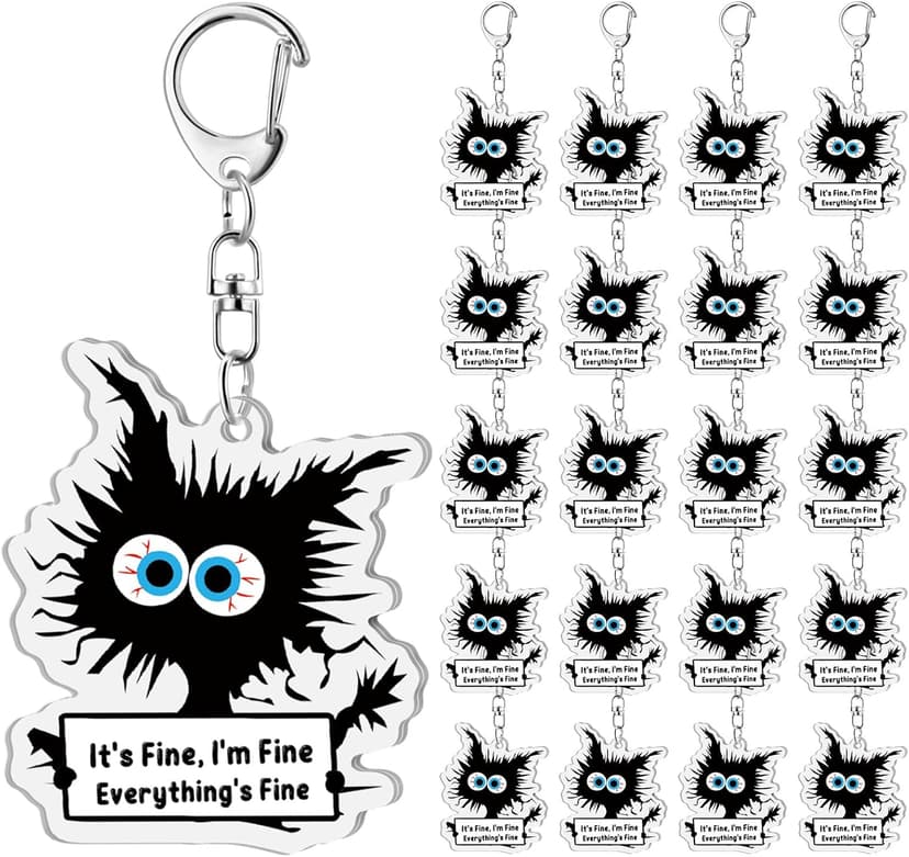 Funny Black Cat Keychains It's Fine Everything's Fine Appreciation Gifts for Cat Lovers Women Coworkers Employees