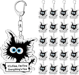 Funny Black Cat Keychains It's Fine Everything's Fine Appreciation Gifts for Cat Lovers Women Coworkers Employees