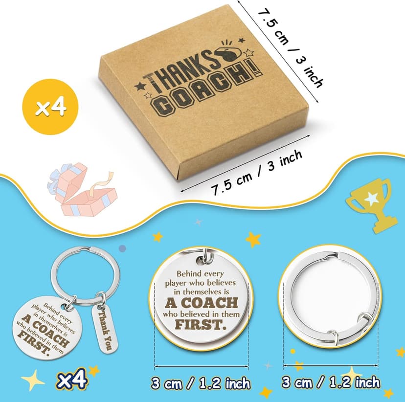 WATINC Coach Appreciation Keychain Gift Set, 4Pcs Sport Match Cheer Keychains Keepsake Present with Thank You Packaging