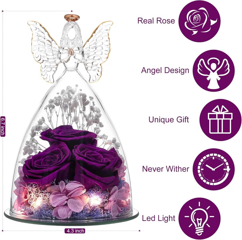 Christmas Rose Gifts for Women Preserved Real Flower in Glass Angel Figurines Roses for Delivery Prime Birthday Gifts for Mom Grandma Girlfriend Wife Her - Purple