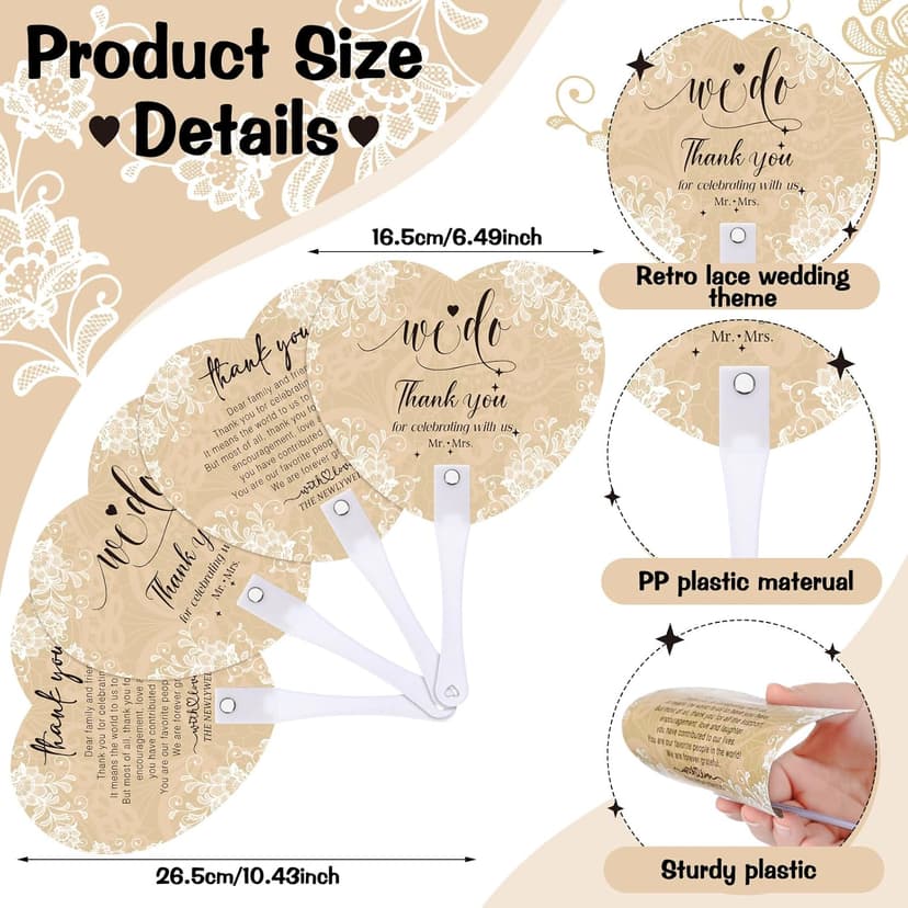 Roowest 101 Pcs Wedding Fans Gifts for Guests 100 Pcs Wedding Hand Plastic Fans and a Table Sign for Bridal Shower Party Favor Appreciation(Wood,Retro Lace)