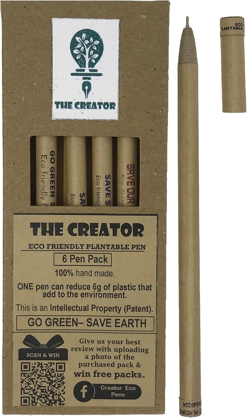 THE CREATOR The CREATOR - PLANTABLE Pens One pen reduces 6g of plastic added to the environment Go Green - Save Earth Give a gift that speaks to the Heart, Pack of (6), WILDLIFE Theme, Brown